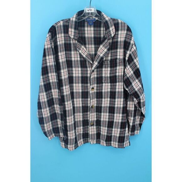 PENDLETON MENS L WHITE NAVY FLANNEL PLAID PAJAMA TOP SHIRT - Picture 1 of 6